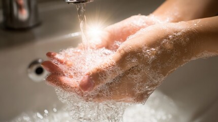 Fototapeta premium close up of hands being washed under running water with soap bubbles, bright bathroom light, focus on cleanliness and hygiene habit