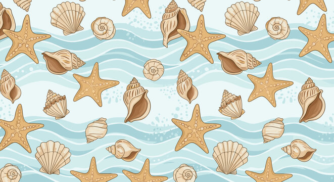 Seamless pattern with various seashells, starfish, and ocean waves creates a calming underwater theme for beach-inspired designs.