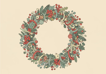 Illustration of a festive Christmas wreath composed of holly, berries, leaves, and ribbons on a cream background.