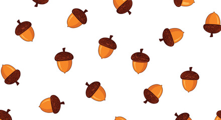 Seamless pattern of cartoon acorns scattered on a white background, perfect for autumn-themed designs, textiles, and decorative papers.