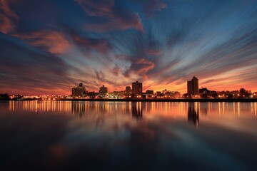 Naklejka premium Peoria Urban Panorama: Captivating Night Skyline with Dazzling Lights at Sunset