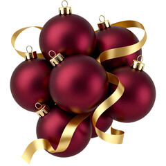 Cluster of maroon christmas ornaments with a gold ribbon perfect for holiday cards, decorations, invitations, and festive designs.