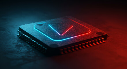 An up-close perspective of a central processing unit (CPU), a vital element of modern technological advancement, with neon light accentuation and a striking two-tone illumination effect. 
