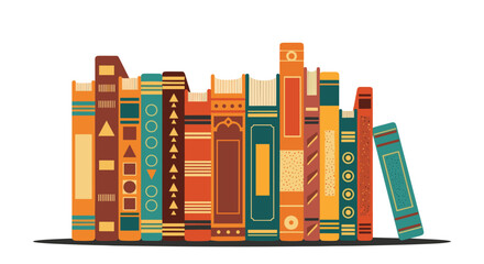 A vibrant and diverse collection of books with unique patterns and colors, neatly arranged on a shelf against a white background.