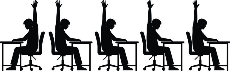 Seated gesture silhouette sequence, student desk pose vector illustration, attention and disengagement cycle study, cad drawing flat vector illustration