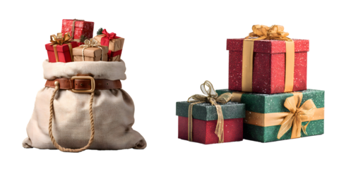 christmas gift bag and presents isolated on white background, cut out, transparent png