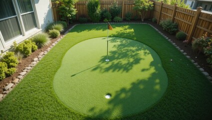 Home Golf Putting Green in Backyard Surrounded by Lush Greenery and Fenced Landscape in Daylight