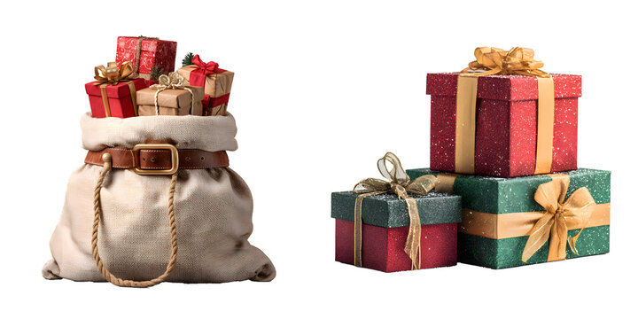 christmas gift bag and presents isolated on white background, cut out, transparent png