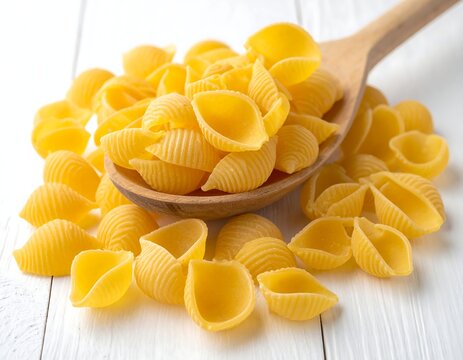 Close-up of shell-shaped pasta on a wooden spoon and white surface - Powered by Adobe