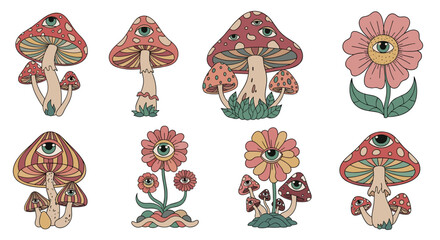 Psychedelic mushrooms and flowers featuring mystical eye motifs, rendered in a groovy vintage-inspired illustration style.