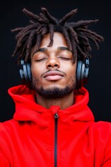 A man with dreadlocks wearing headphones and a red jacket