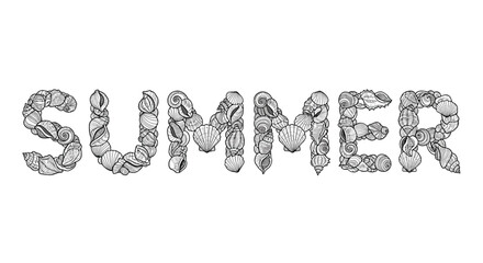 Black and white line art illustration of the word 'SUMMER' formed by various intricate seashells, evoking a coastal and warm weather theme.