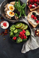 Breakfast superfoods, vegetarian food concept. Healthy lifestyle.