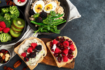 Breakfast superfoods, vegetarian food concept. Healthy lifestyle.