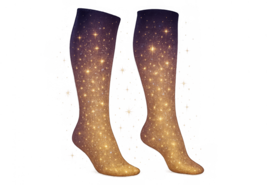 Sparkly galaxy socks creating a magical fashion statement, offering a cosmic style and whimsical concept on transparent background