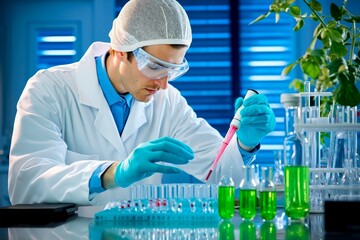 A man in a lab coat and goggles working in a laboratory