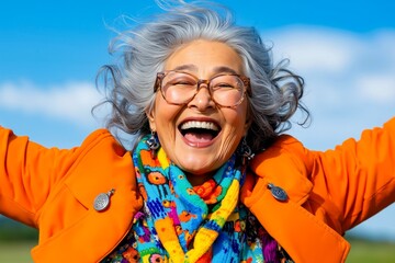 A woman with glasses and a colorful scarf smiles at the camera