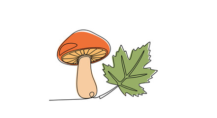 A simple continuous line art illustration of an autumn mushroom with an orange cap and a green maple leaf on a white background, representing the fall season.