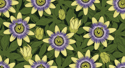 Beautiful passion flowers with yellow petals and purple coronas are arranged in a seamless botanical pattern with lush green leaves.