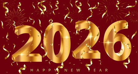 Festive Happy New Year 2026 Graphic with Gold 3D Numbers, Sparkles, and Confetti on Dark Red Background — Elegant Holiday Celebration Design for Cards, Social Media, and Event Promotions