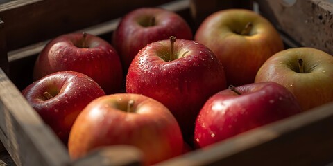 Crate of Fresh Red Apples with Water Droplets