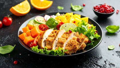 Sliced grilled chicken breast atop a vibrant salad with assorted vegetables and fruits