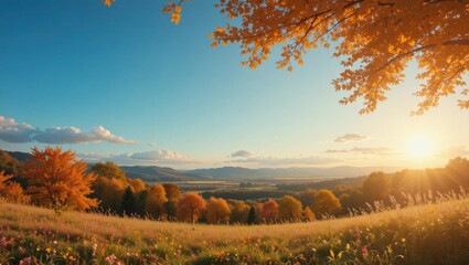 Fototapeta premium Vibrant Sunrise Over an Autumn Meadow with Trees and Scenic Valley in a Peaceful Nature Landscape