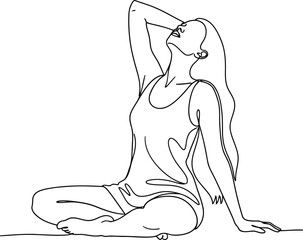 Elegant woman in yoga pose stylized line art sketch minimalist design for wellness and fitness vector