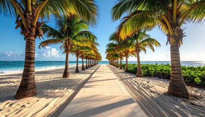 A Sunny Beach Pathway Lined with Palm Trees Leading to the Ocean Under a Clear Blue Sky with Gentle Waves and Lush Green Foliage