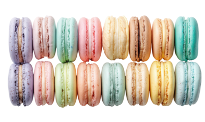 A close-up shot of a variety of colorful macarons arranged in two rows, showcasing their different hues.