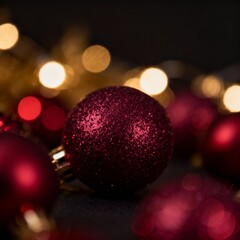 Red christmas ornaments and blurred lights create a festive atmosphere on a dark backdrop, perfect for holiday designs and backgrounds.