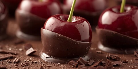 Glossy Cherries Dipped in Dark Chocolate