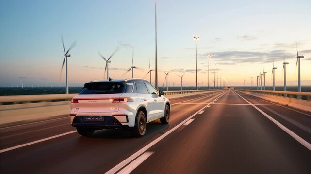 White SUV speeding on a highway at dusk with spinning wheels and gently shaking body, surrounded by slowly rotating wind turbine blades under streetlights illuminating the road