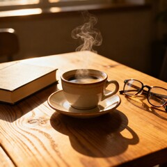 Cozy morning scene with coffee and glasses on a table, suitable for coffee shop promos or reading material themes.