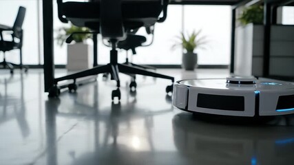 Modern robot vacuum cleaner actively sweeping a sleek office floor demonstrating smart home technology and automated cleaning efficiency for contemporary living