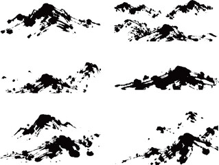 Obraz premium Black ink wash style mountain landscapes, set of six traditional Asian brush stroke drawings isolated on white.