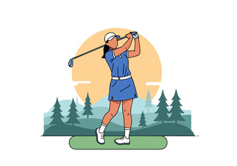 Woman golfing on a green with a driver, the sun setting behind her, a tree-lined landscape