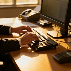 Hands typing on a keyboard, computer screen on a desk. Suitable for technology, working, typing, office, remote work, and productivity concepts.