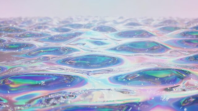 Iridescent Liquid Surface Ripples with Shimmering Bubbles and Pastel Sky Horizon