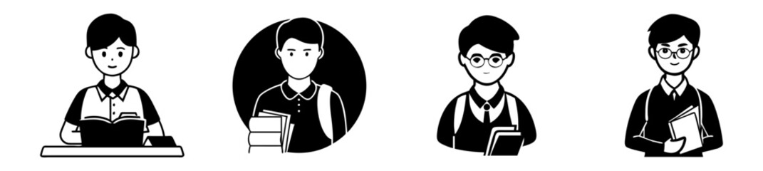Set of four black and white icons representing students with books, isolated on a