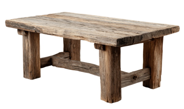 Rustic wooden coffee table with a natural, weathered appearance and sturdy construction.
