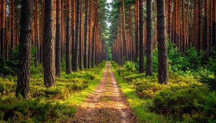 Obraz premium Dirt Path Through a Sunlit Pine Forest With Green Undergrowth and Tall Trunks Illuminated by Golden Hour Light