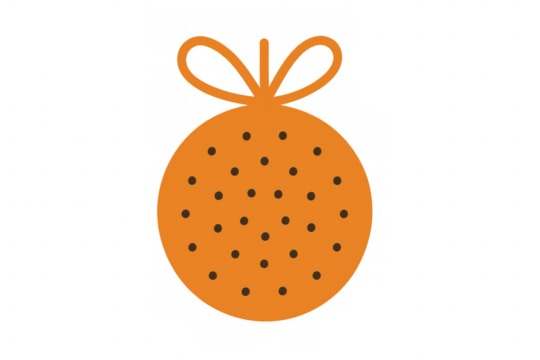 Christmas holiday ornament with orange bauble, black polka dots, and simple bow design on transparent background