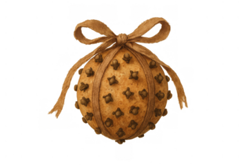 Handmade pomander globe decorated with cloves and string, traditional christmas holiday fragrant home decoration isolated