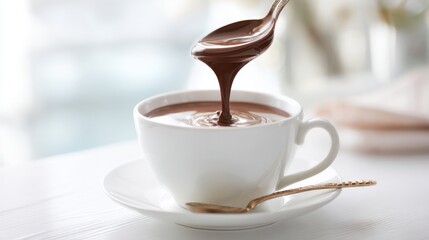 Warm chocolate flows smoothly from a metal spoon into a cup inviting comfort and relaxation.