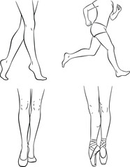 Dynamic human legs sketch collection diverse poses action ballet sport fitness art line drawing vector