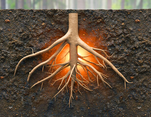 Tree Roots Absorbing Golden Heat Energy in Soil Cross Section