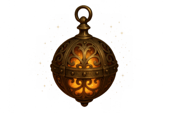 Ornate bronze fantasy lantern glowing with warm light, magical artifact on transparent background