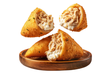 Crispy Brazil coxinha snack filled with shredded chicken croquettes and creamy cheese on wooden plate, isolated on white transparent background, concept of South American Cuisine