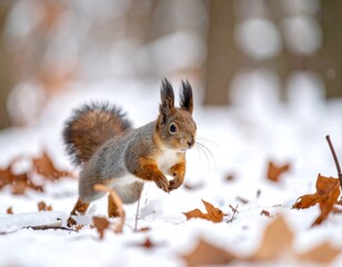 Obraz premium A fluffy, reddish-brown squirrel leaping through snowy forest
